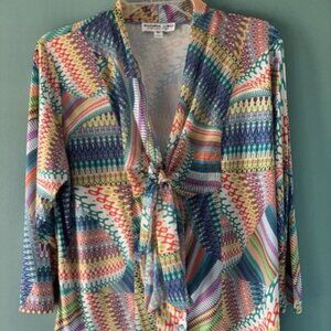 Andria Lieu XL Artsy Multicolor Abstract Boho Colorful Tie Front Deep V Neck